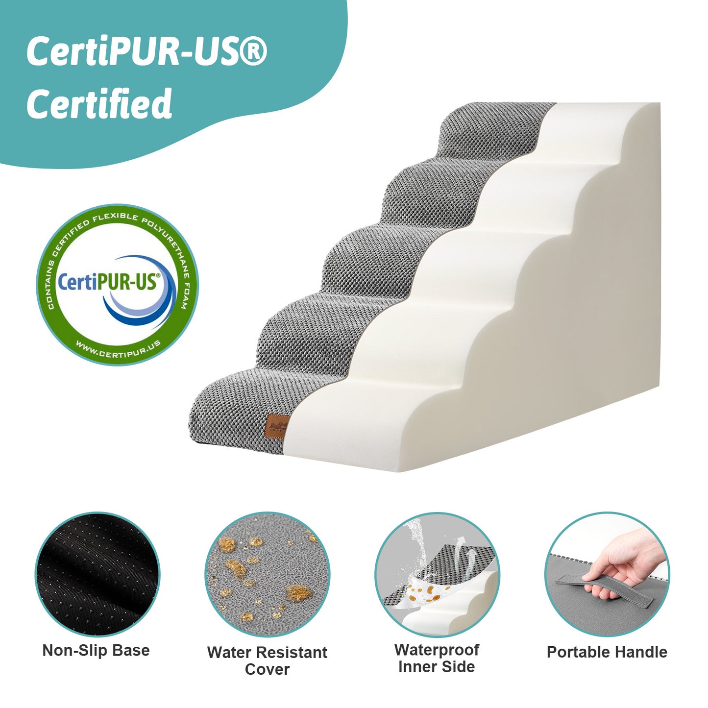 Side profile of Cozy Kiss CertiPUR-US certified foam pet stairs with non-slip base, waterproof lining, and portable handle #color_Grey