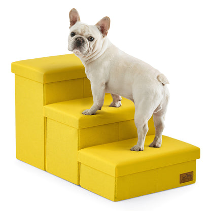 Cozy Kiss 3-Step Storage Pet Stairs with a dog climbing safely #color_Yellow