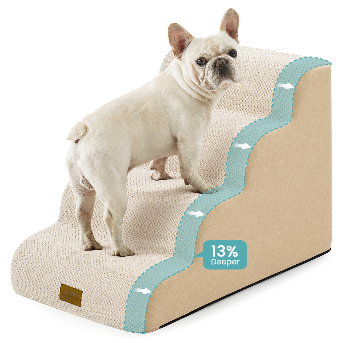 Cozy Kiss 4-Step Extra Wide Curved Pet Stairs beside a sofa for safe pet access 