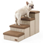Cozy Kiss 4-Step Storage Pet Stairs beside bed with a dog sitting on it 