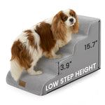 Side lifestyle view of Cozy Kiss 4-Step Gentle Slope Curved Pet Stairs featuring low-rise steps designed to reduce joint strain for small dogs 
