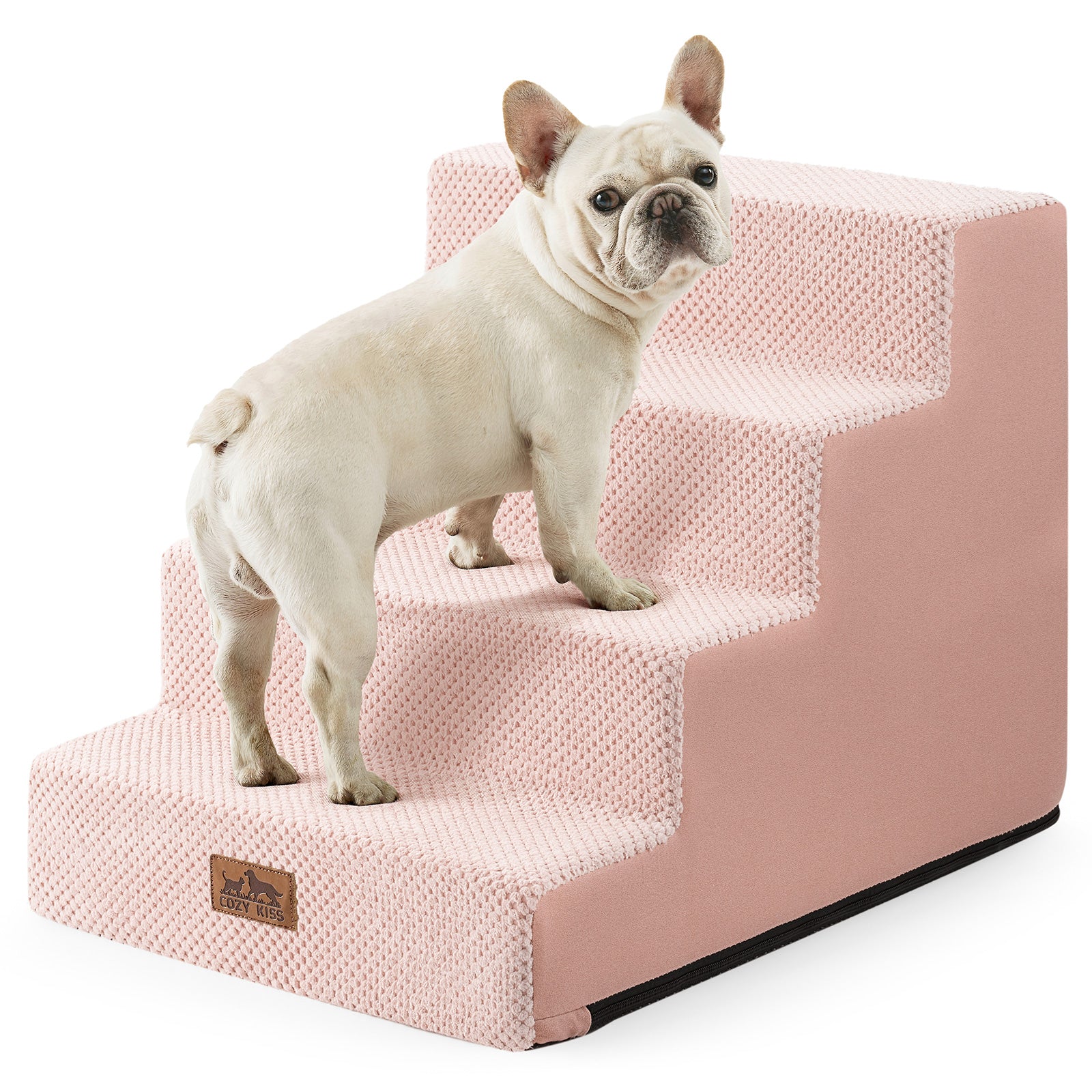 Cozy Kiss 4-Step Non-Slip Right-Angle Pet Stairs helping pets reach sofas safely #color_Pink