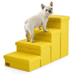 Cozy Kiss 4-Step Storage Pet Stairs beside bed with a dog sitting on it 