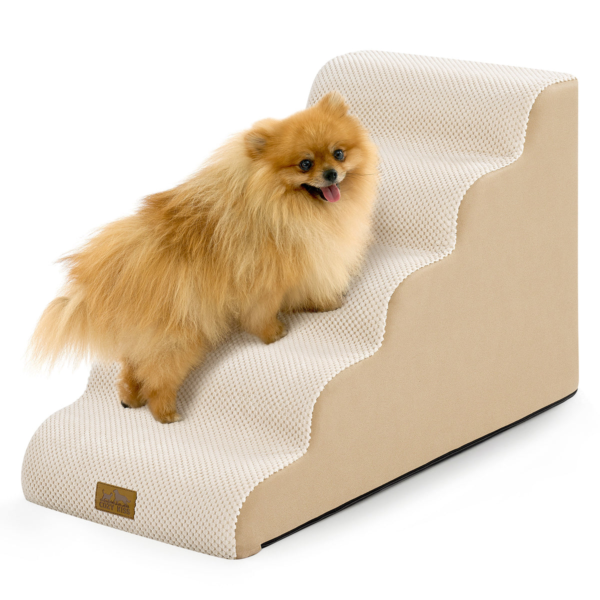 Front studio view of Cozy Kiss 5-Step Gentle Slope Curved Pet Stairs displaying gradual incline, maximum climbing height, and stable construction 