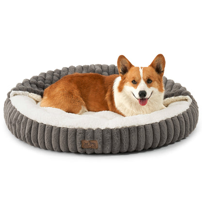 Striped Faux Calming Donut Pet Bed With Blanket
