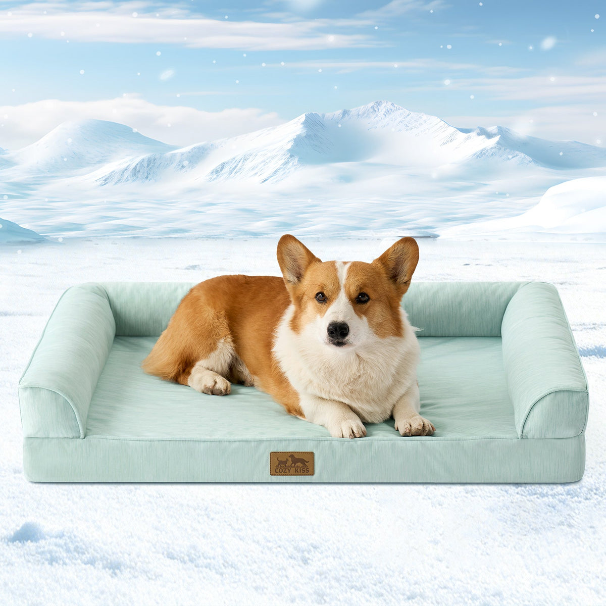 Dog lying on Cozy Kiss sage green pet bed with a snowy mountain background