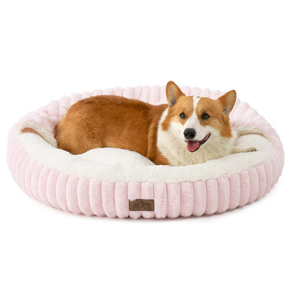 Striped Faux Calming Donut Pet Bed With Blanket