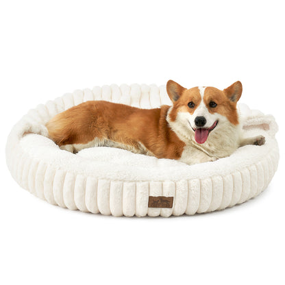 Striped Faux Calming Donut Pet Bed With Blanket