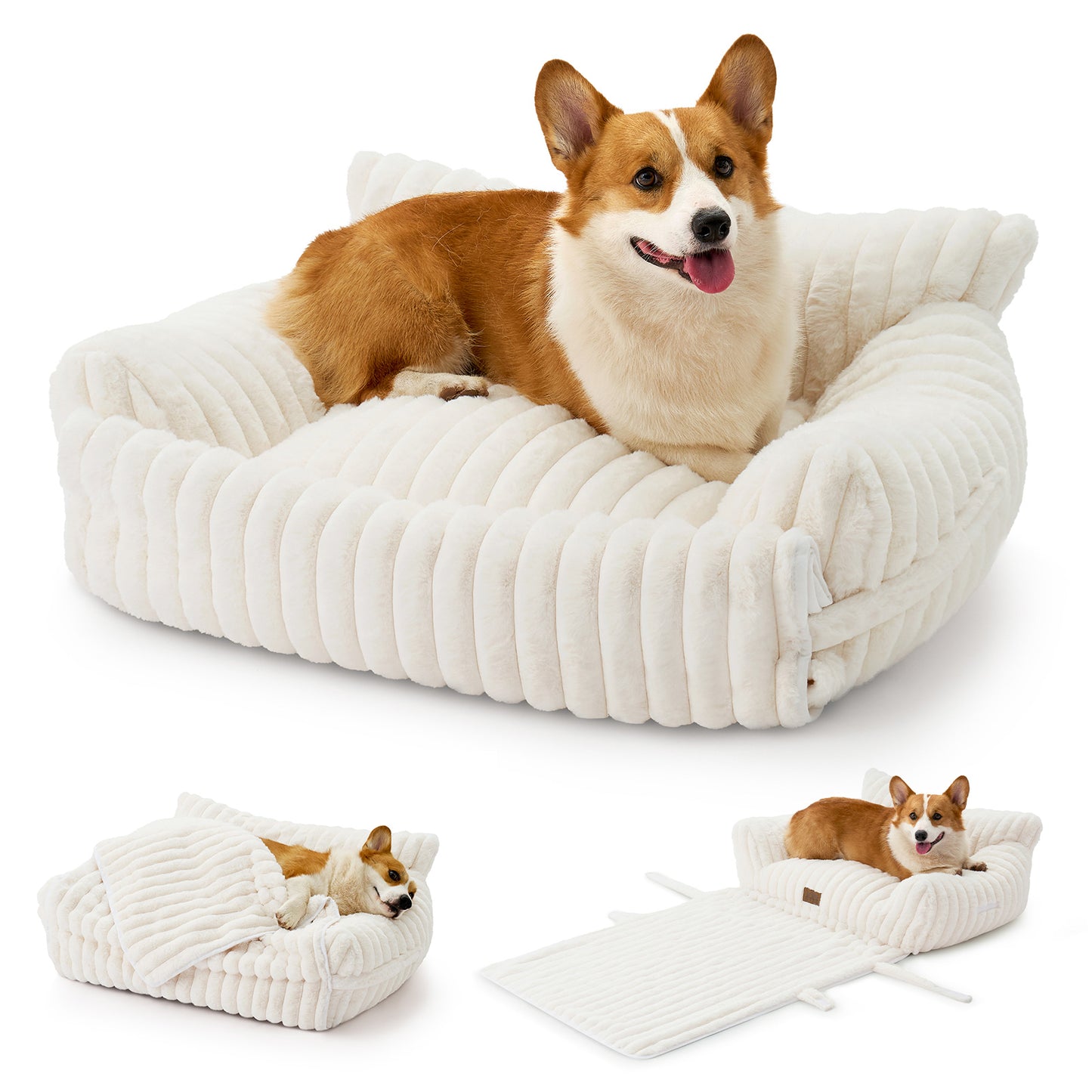 Multi-Functional Striped Faux Pet Sofa Bed With Blanket