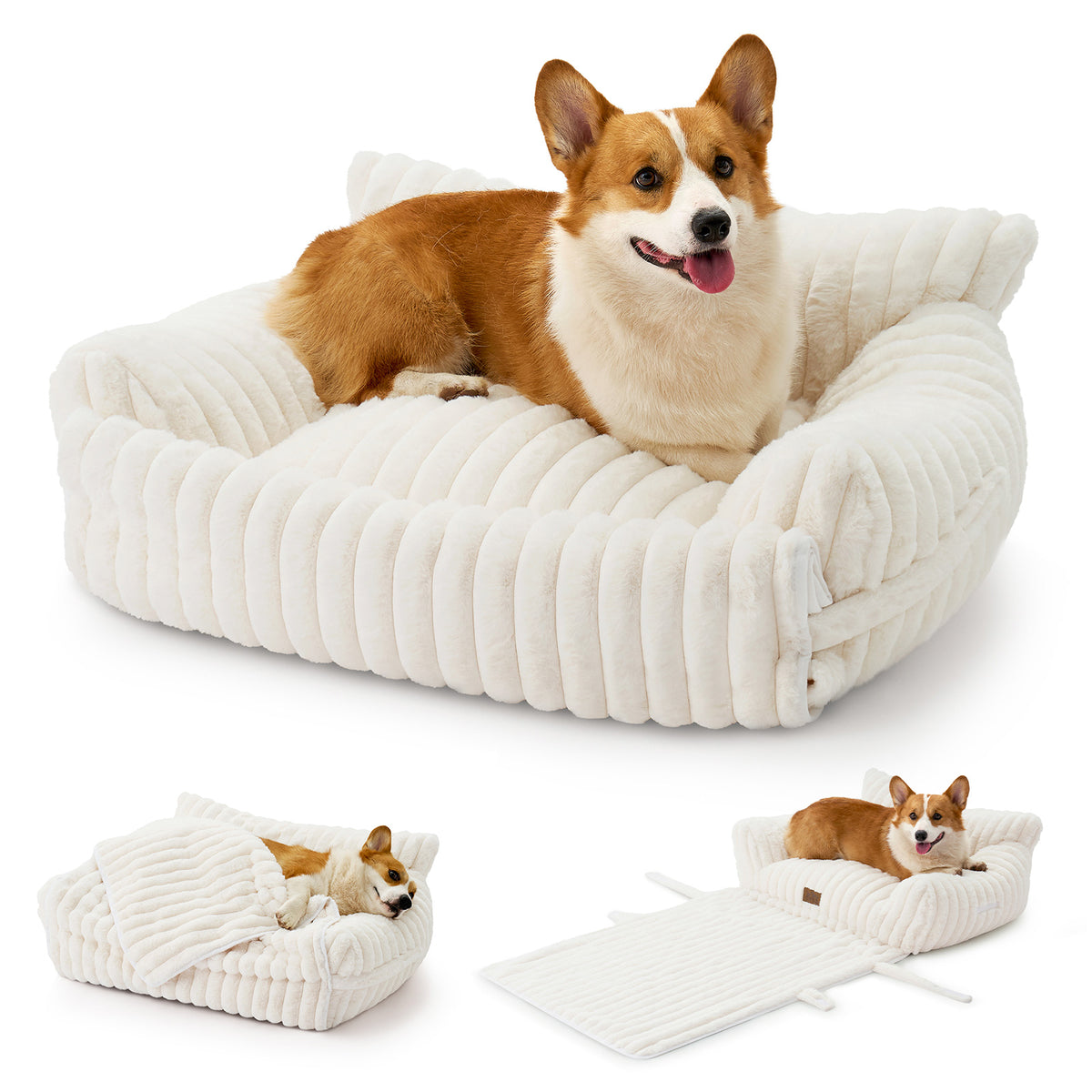 Cozy Kiss Multi-Functional Striped Faux Pet Sofa Bed cozy faux fur lounge bed with raised bolsters 
