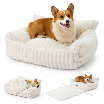 Multi-Functional Striped Faux Pet Sofa Bed With Blanket