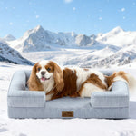 Dog lying on Cozy Kiss cool blue dog bed in a snowy landscape with mountains.
