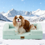 Dog lying on Cozy Kiss green pet bed in a snowy mountain landscape