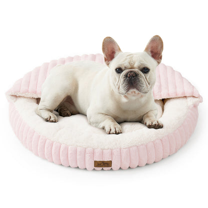 Striped Faux Calming Donut Pet Bed With Blanket