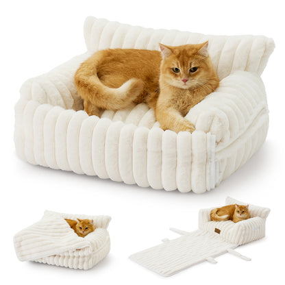Multi-Functional Striped Faux Pet Sofa Bed With Blanket