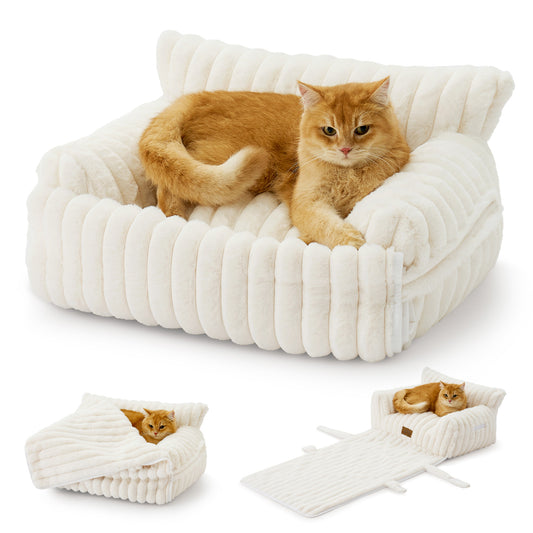 Multi-Functional Striped Faux Pet Sofa Bed With Blanket