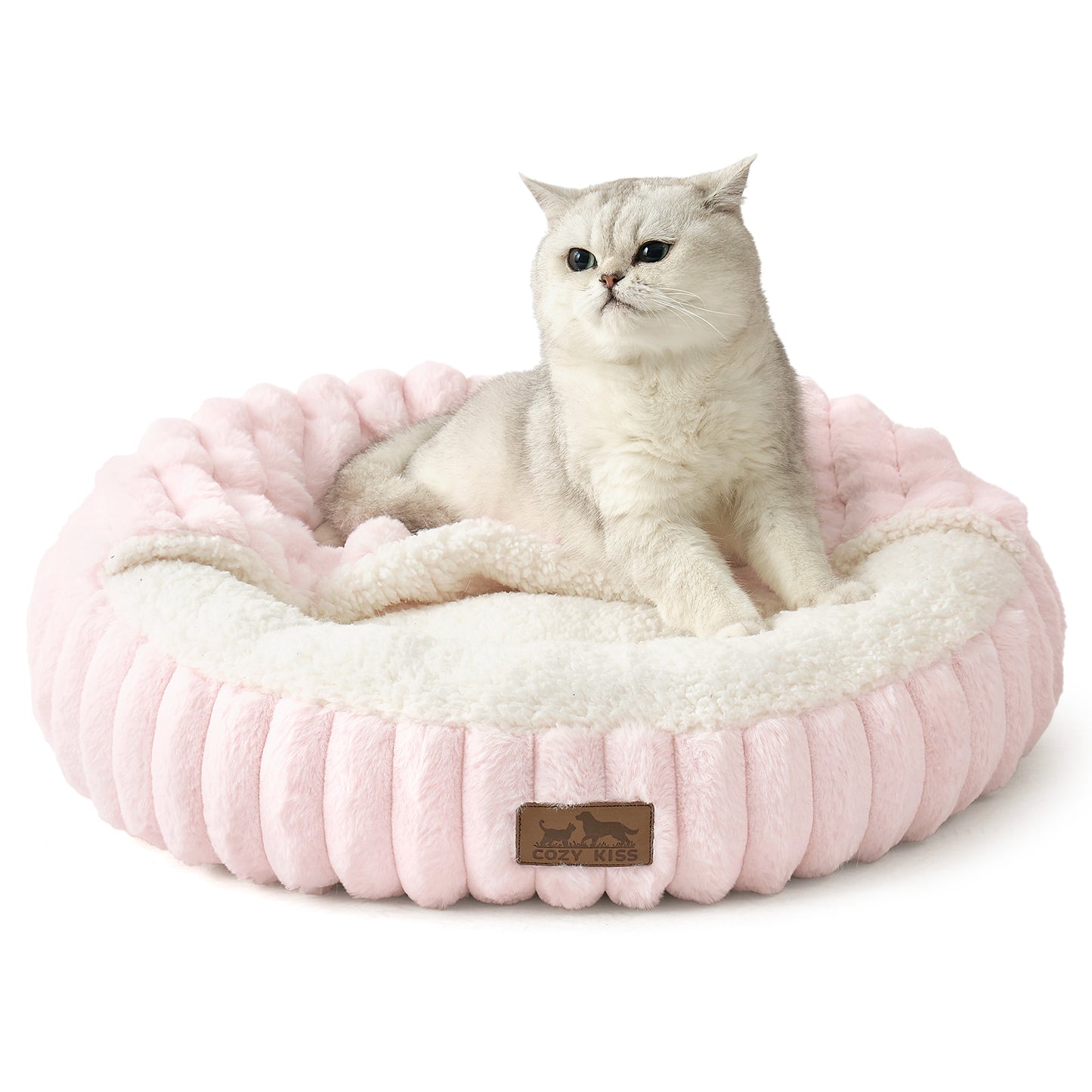 Striped Faux Calming Donut Pet Bed With Blanket