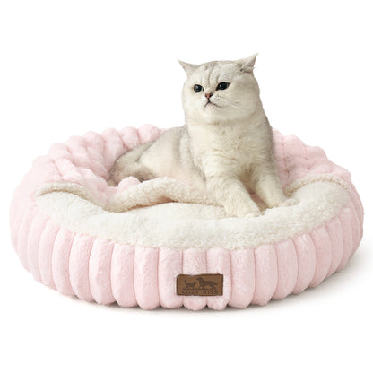 Striped Faux Calming Donut Pet Bed With Blanket