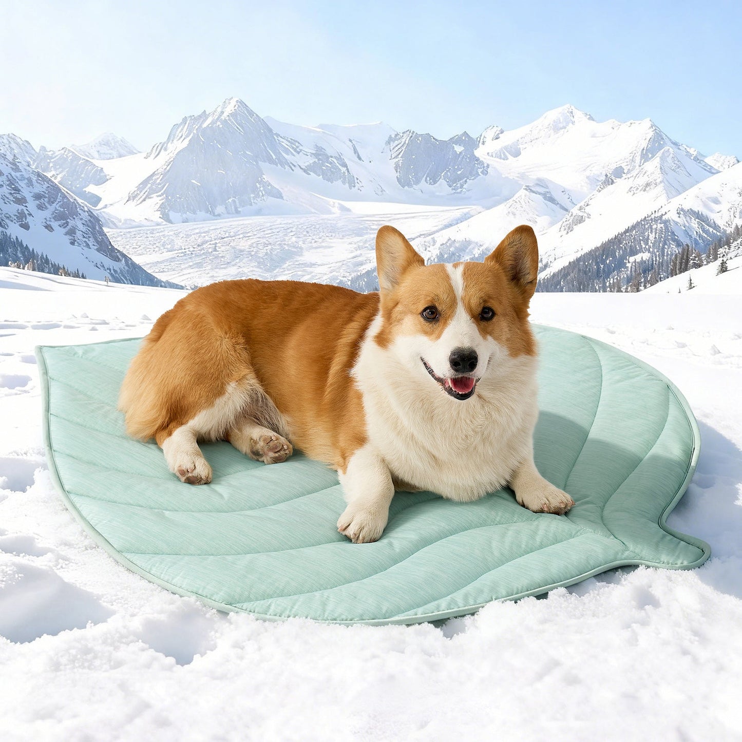 Dog lying on a green mat in the snow with mountains in the background #color_Green