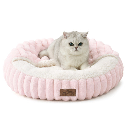 Striped Faux Calming Donut Pet Bed With Blanket