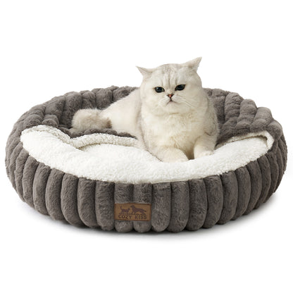 Striped Faux Calming Donut Pet Bed With Blanket