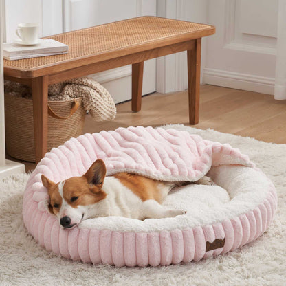 Striped Faux Calming Donut Pet Bed With Blanket