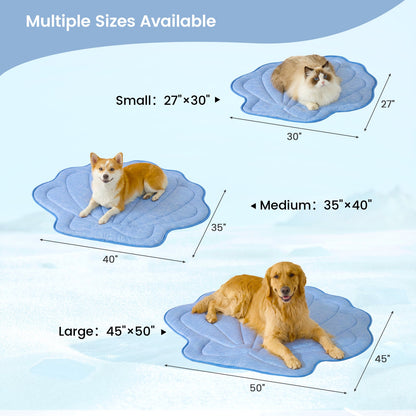 Pet cooling pad with dimensions for small, medium, and large sizes on a light blue background.#color_Blue