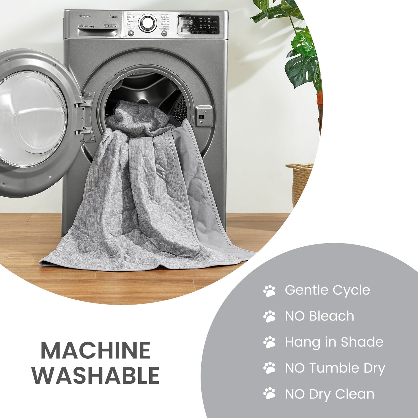 Machine washable cooling blanket for pets with washing instructions for easy care at home.#color_Grey