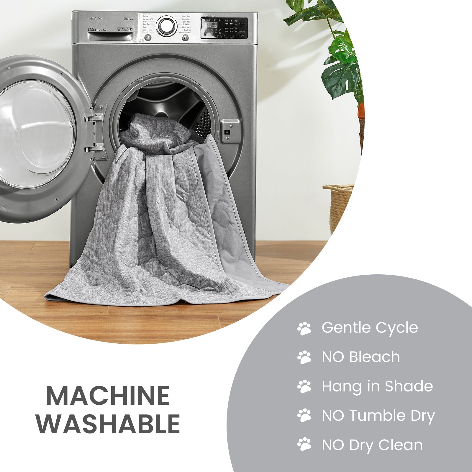 Machine washable cooling blanket for pets with washing instructions for easy care at home.#color_Grey