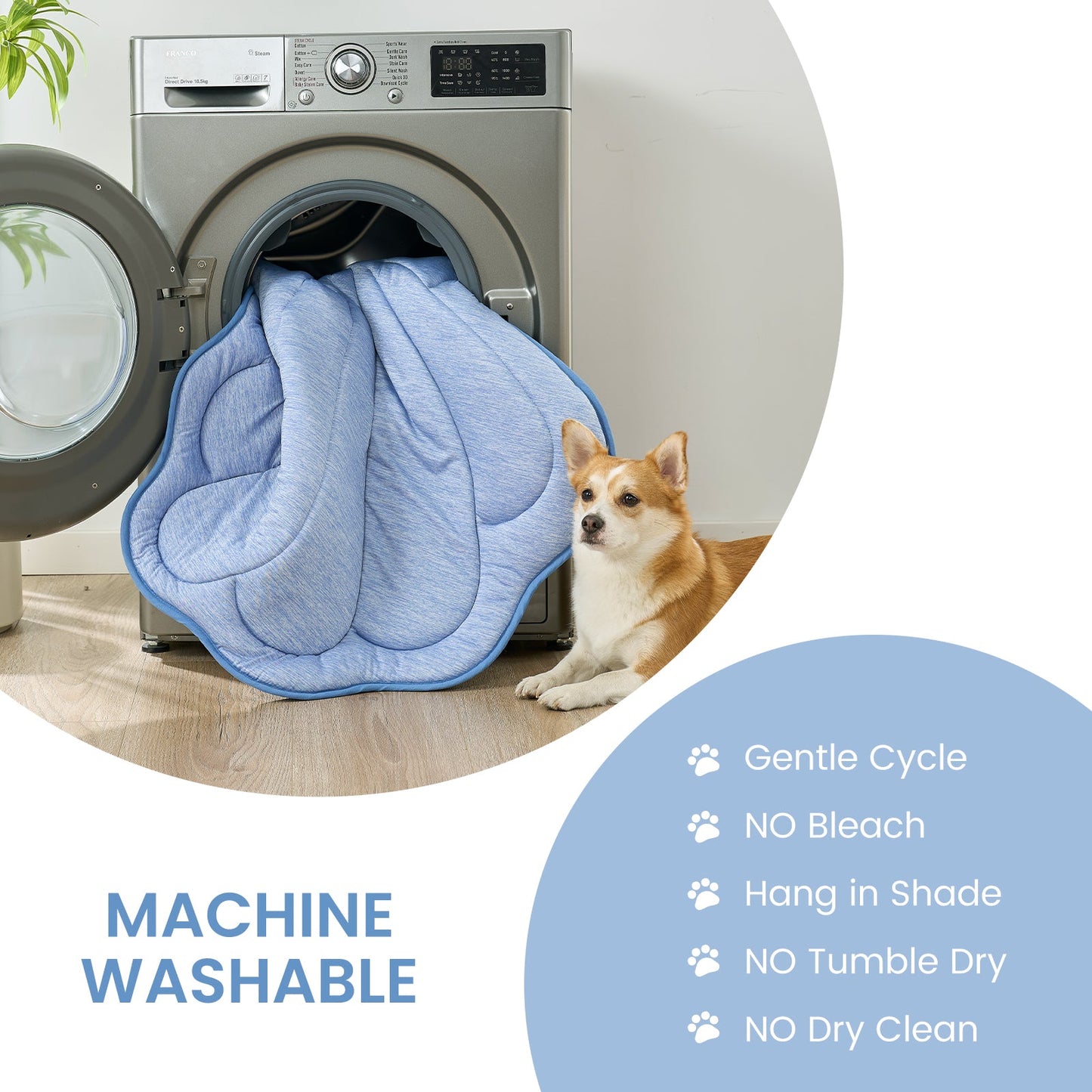 Machine washable cooling pet mat placed in washing machine for easy cleaning and maintenance#color_Blue