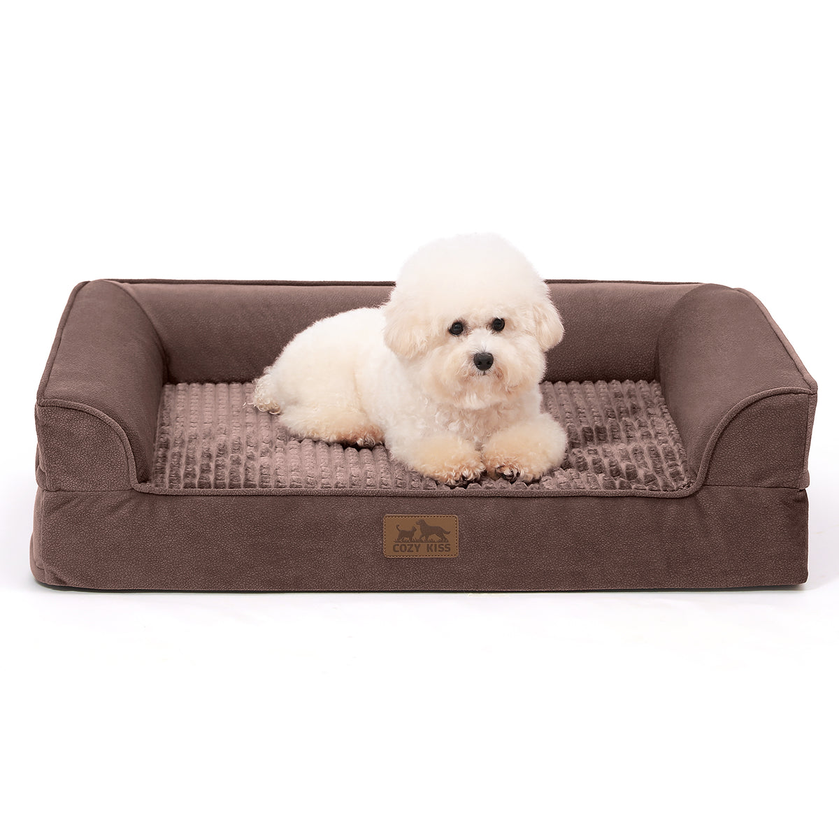 Cozy Kiss All Seasons U-shaped scratch-resistant dog bed in grey, front view with a dog resting on it