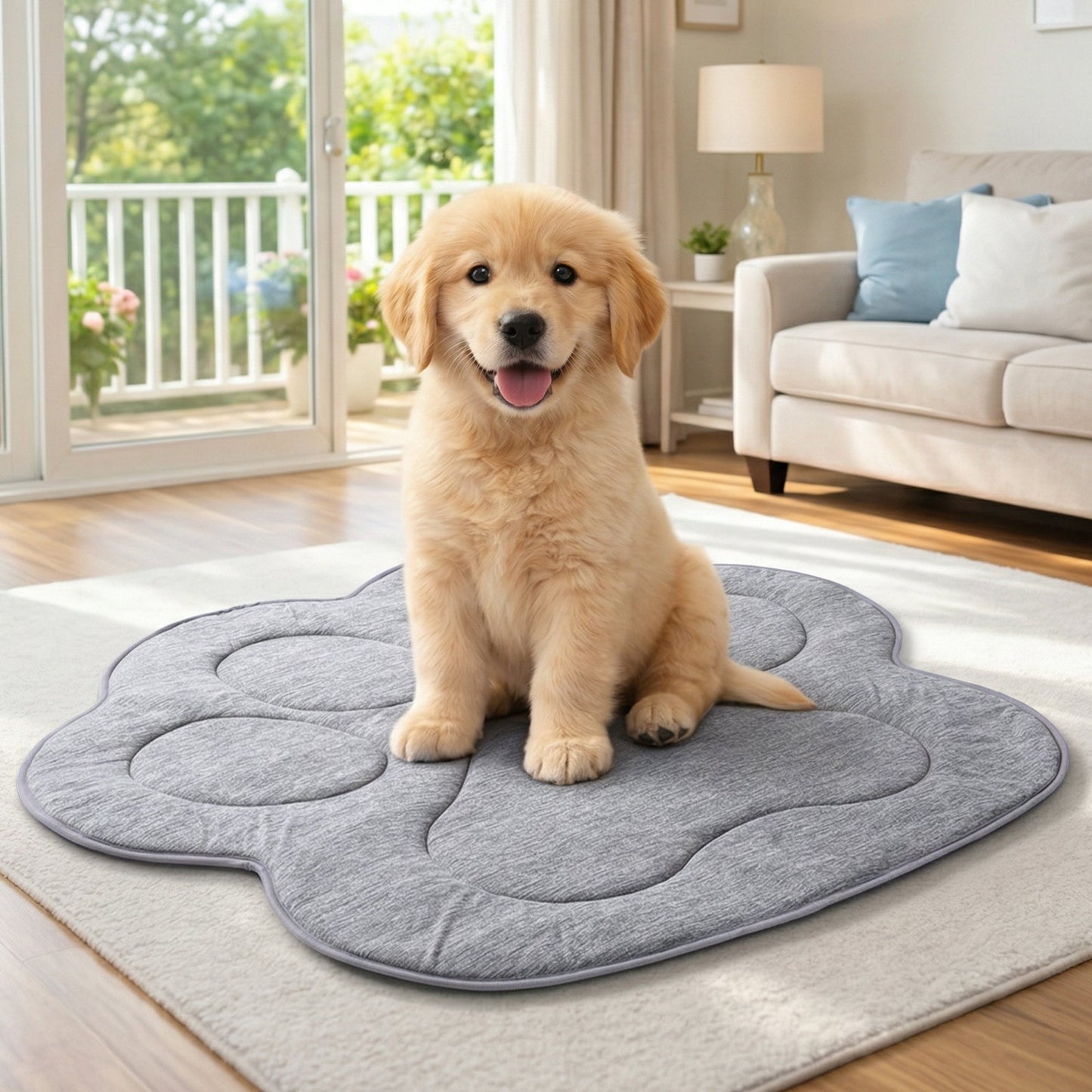 Puppy sitting on a cloud-shaped mat in a living room.#color_Dark Grey