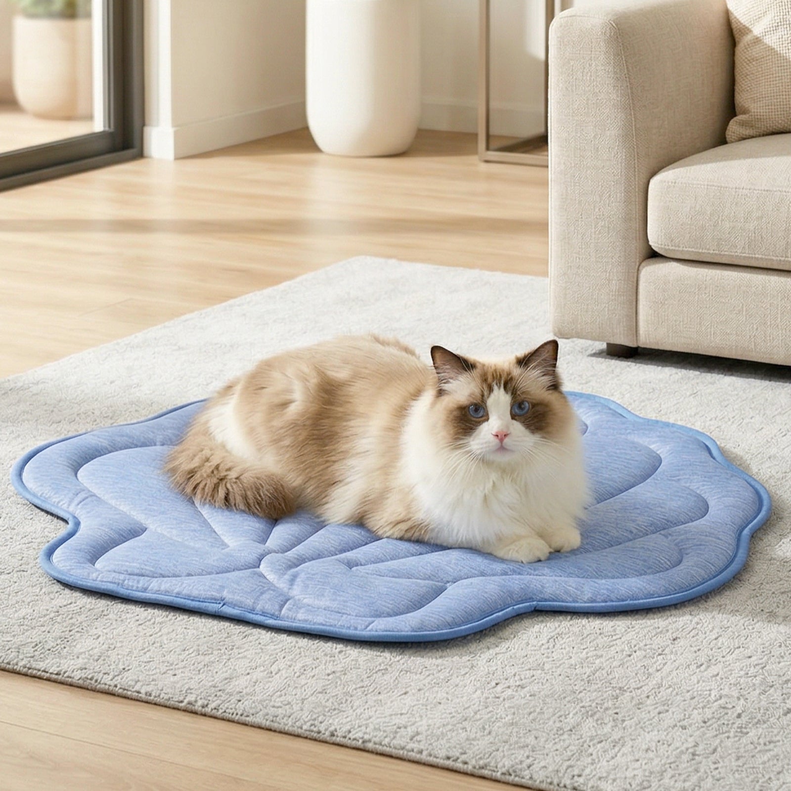 Cat sitting on a blue shell shape cooling mat in a living room.#color_Blue