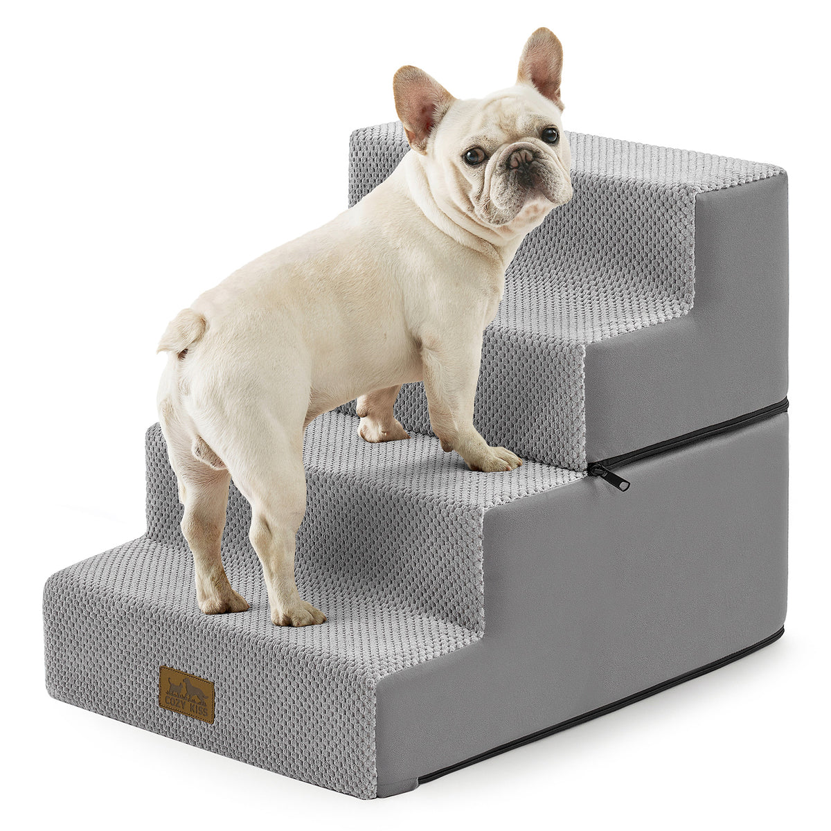 Dog standing on Cozy Kiss 4-Step Extra Wide Foldable Right-Angle Pet Stairs #color_Grey