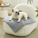 Dog lying on Cozy Kiss grey cooling pet mat on a white chair in a cozy room.