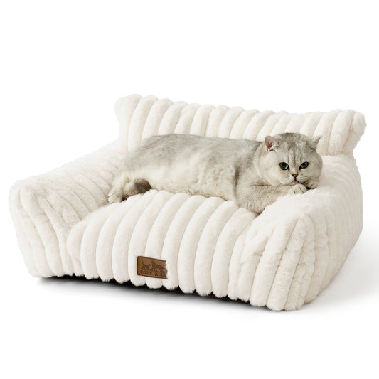 Cozy Kiss Ultra Soft Plush Striped Faux Pet Sofa Bed calming sofa style pet bed for dogs and cats #color_Cream