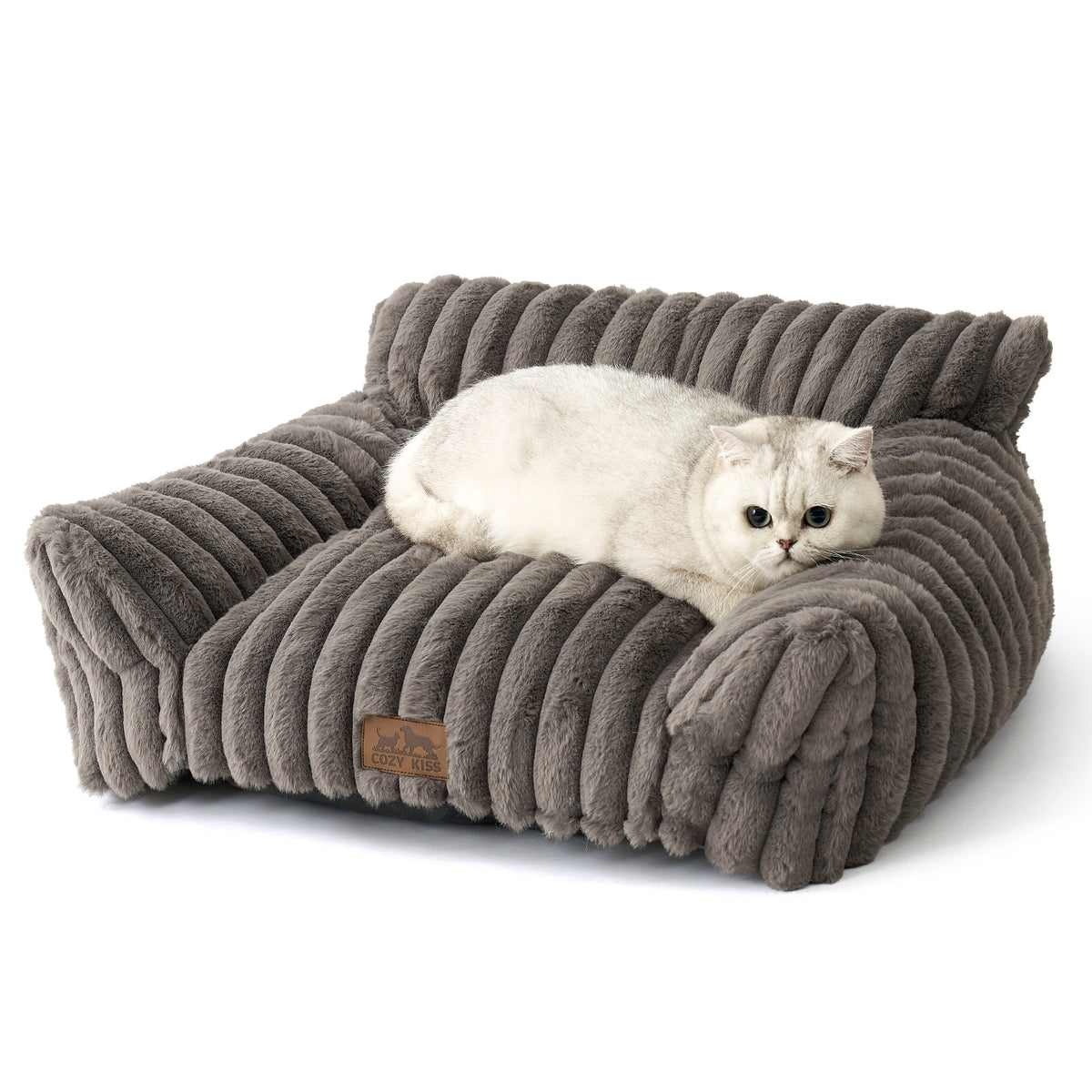 Cozy Kiss Ultra Soft Plush Striped Faux Pet Sofa Bed calming sofa style pet bed for dogs and cats 