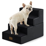 Dog standing on Cozy Kiss 4-Step Extra Wide Foldable Right-Angle Pet Stairs 