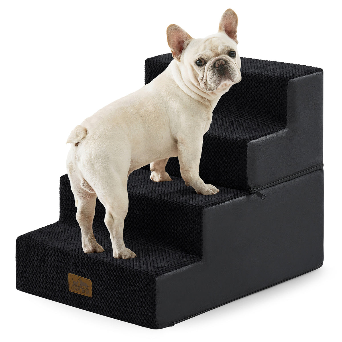 Dog standing on Cozy Kiss 4-Step Extra Wide Foldable Right-Angle Pet Stairs #color_Black