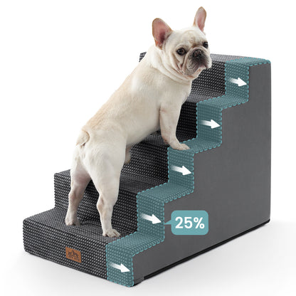 Front view of a dog using Cozy Kiss 5-Step Extra Wide Right-Angle Pet Stairs beside a bed, showing easy access. #color_Charcoal Grey