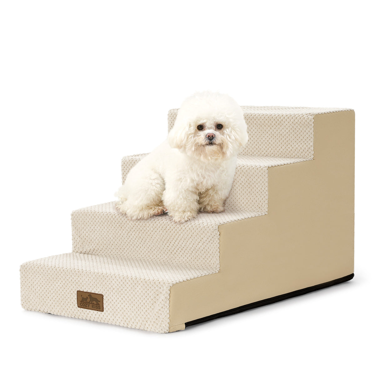 Cozy Kiss 4-Step Right-Angle Pet Stairs with a dog safely standing on it #color_Beige