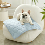 Dog lying on Cozy Kiss cooling pet mat on safa.