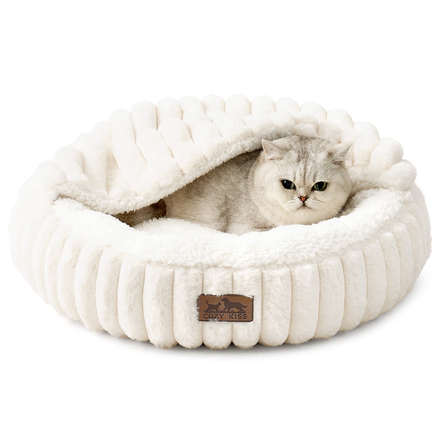 Striped Faux Calming Donut Pet Bed With Blanket