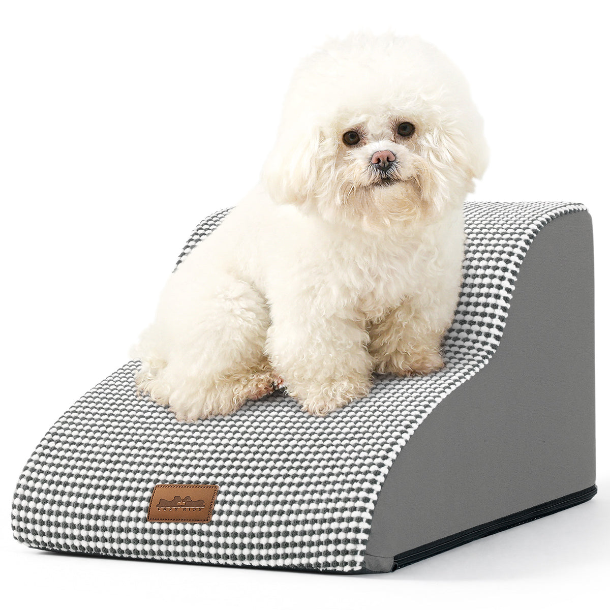 Front studio view of Cozy Kiss 2-Step Joint-Friendly Curved Pet Stairs featuring curved foam design and textured fabric cover 