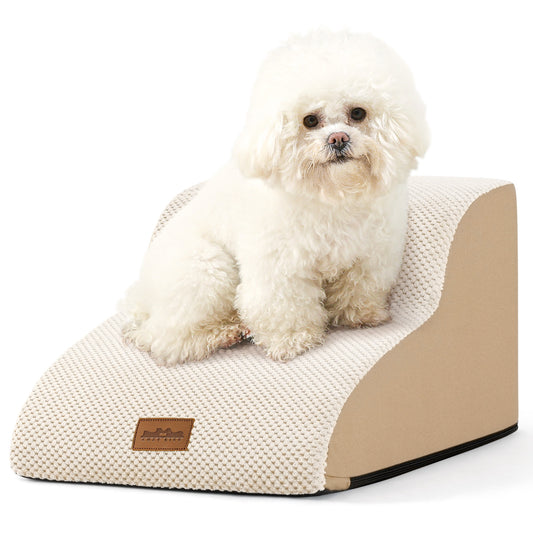 Front studio view of Cozy Kiss 2-Step Joint-Friendly Curved Pet Stairs featuring curved foam design and textured fabric cover #color_Beige