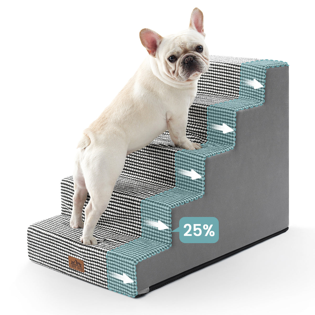 Front view of a dog using Cozy Kiss 5-Step Extra Wide Right-Angle Pet Stairs beside a bed, showing easy access. 