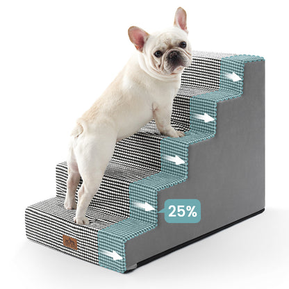 Front view of a dog using Cozy Kiss 5-Step Extra Wide Right-Angle Pet Stairs beside a bed, showing easy access. #color_White & Black