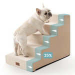 Front view of a dog using Cozy Kiss 5-Step Extra Wide Right-Angle Pet Stairs beside a bed, showing easy access. 