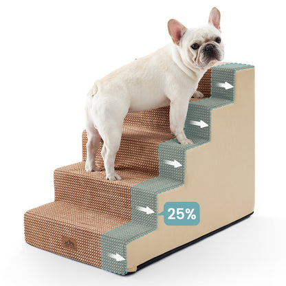 Front view of a dog using Cozy Kiss 5-Step Extra Wide Right-Angle Pet Stairs beside a bed, showing easy access. #color_Light Brown