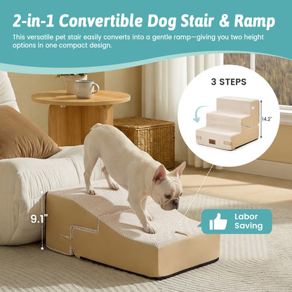 Cozy Kiss 3-Step 2-in-1 Convertible Pet Stairs with Ramp Mode converts from stairs to gentle ramp #color_Beige